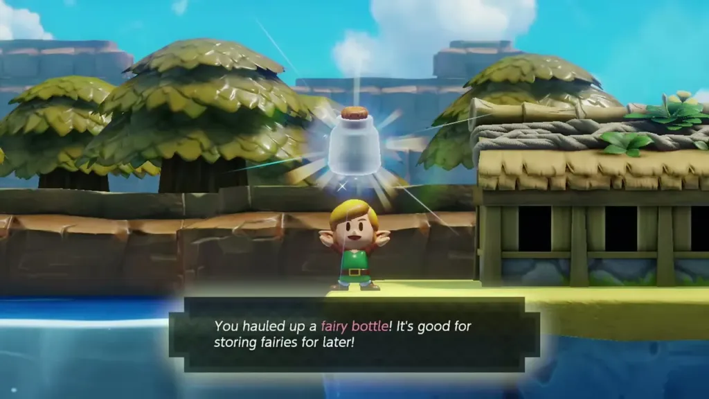 Link holding up the fairy bottle from the fishing pond with its name box Link holding up the fairy bottle from the fishing pond with its name box