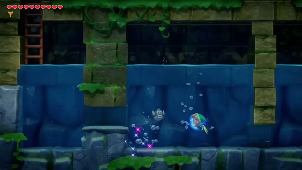 Link swimming through the water-filled corridor in Angler's Tunnel Link swimming through the water-filled corridor in Angler's Tunnel