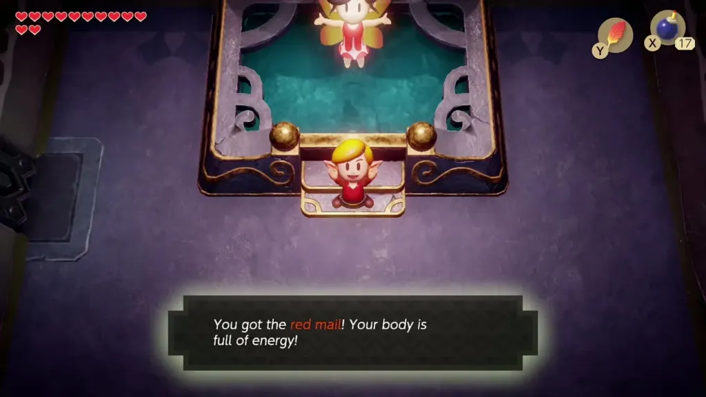 Link standing before the Fairy Queen with the red mail message box Link standing before the Fairy Queen with the red mail message box
