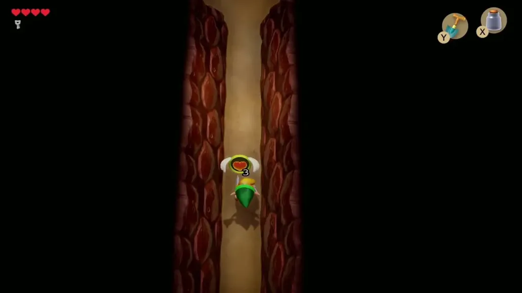 Link walking a dark Tail Cave corridor toward the Roc's Feather room Link walking a dark Tail Cave corridor toward the Roc's Feather room