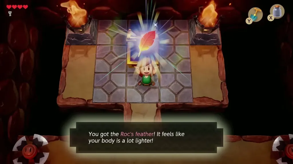 Link holding up the Roc's Feather with its name box in Tail Cave Link holding up the Roc's Feather with its name box in Tail Cave