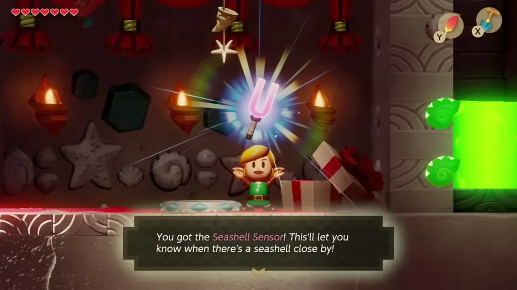 Link holding up the Seashell Sensor with its name box in the Seashell Mansion Link holding up the Seashell Sensor with its name box in the Seashell Mansion