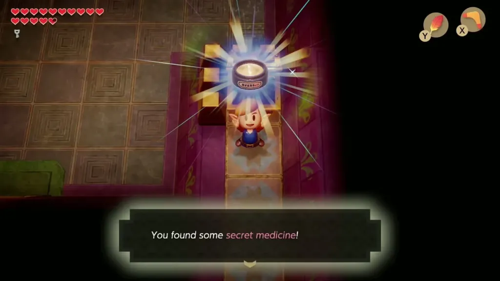 Link holding up the Secret Medicine with its name box in the Face Shrine Link holding up the Secret Medicine with its name box in the Face Shrine