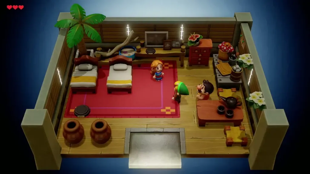 Link standing with Marin and Tarin in their house before receiving the Shield Link standing with Marin and Tarin in their house before receiving the Shield