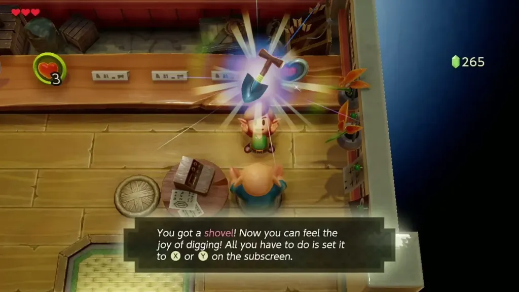 Link holding up the Shovel with its name box in the Town Tool Shop Link holding up the Shovel with its name box in the Town Tool Shop