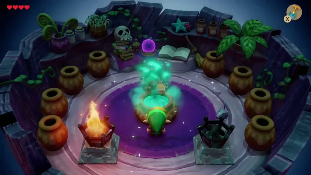 The Witch's cauldron bubbling green smoke while she brews the powder The Witch's cauldron bubbling green smoke while she brews the powder