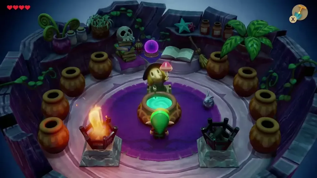 The Witch holding up the toadstool beside her cauldron as Link arrives The Witch holding up the toadstool beside her cauldron as Link arrives