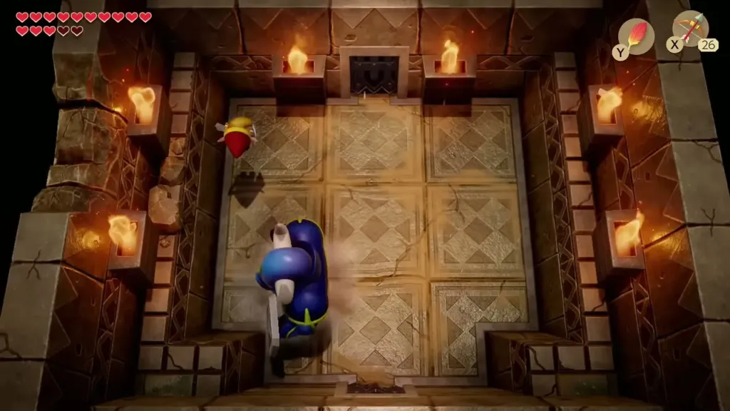 Link knocked back by the Armos Knight in the Ancient Ruins chamber Link knocked back by the Armos Knight in the Ancient Ruins chamber