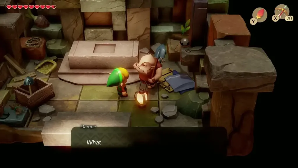 Link talking to Dampé in his shack Link talking to Dampé in his shack