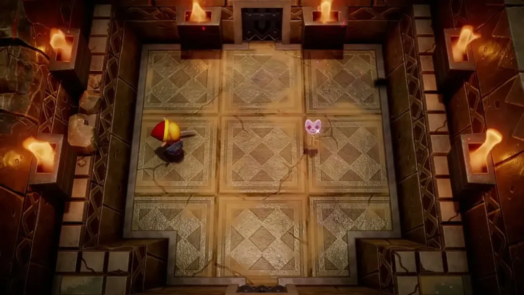 Link holding up the Face Key in the Ancient Ruins chamber Link holding up the Face Key in the Ancient Ruins chamber