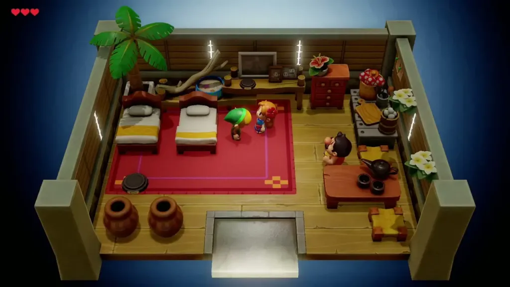 Link, Marin and Tarin in the house where Link wakes Link, Marin and Tarin in the house where Link wakes