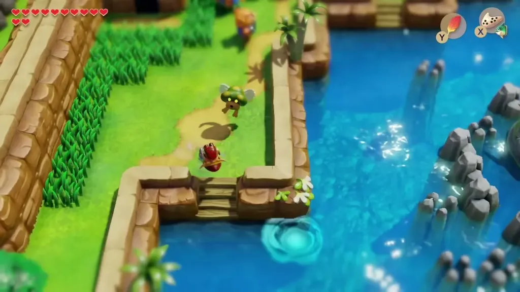 Link swimming in Martha's Bay past a flying Moblin on the cliff Link swimming in Martha's Bay past a flying Moblin on the cliff