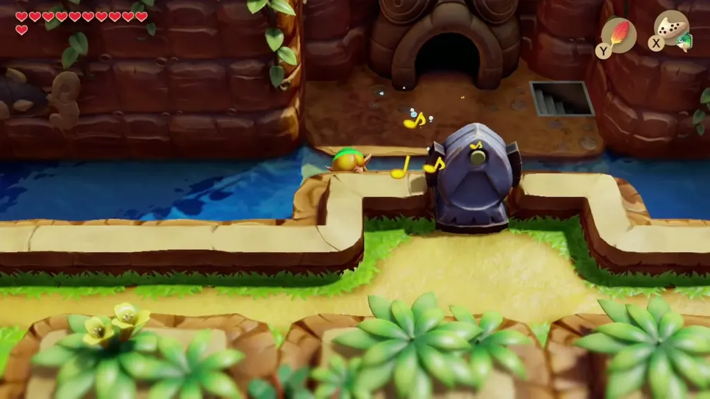 Link playing the ocarina beside a stone pad with music notes rising Link playing the ocarina beside a stone pad with music notes rising