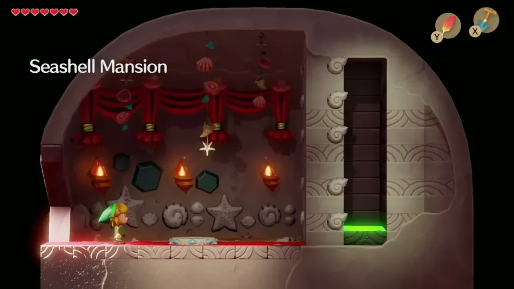 Link entering the Seashell Mansion under its name caption Link entering the Seashell Mansion under its name caption