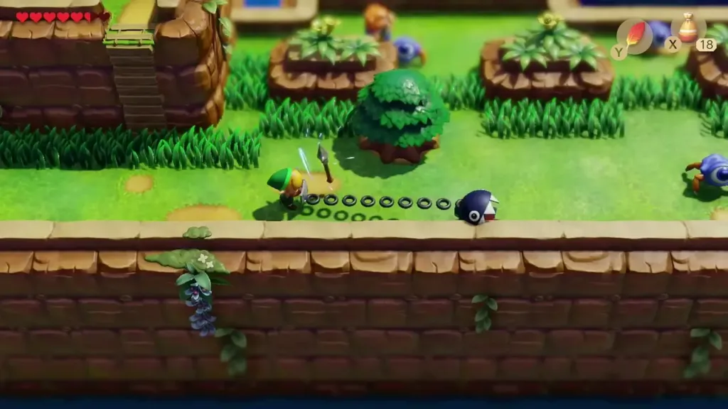 Link and BowWow walking a Tal Tal Heights ledge above the cliff edge Link and BowWow walking a Tal Tal Heights ledge above the cliff edge
