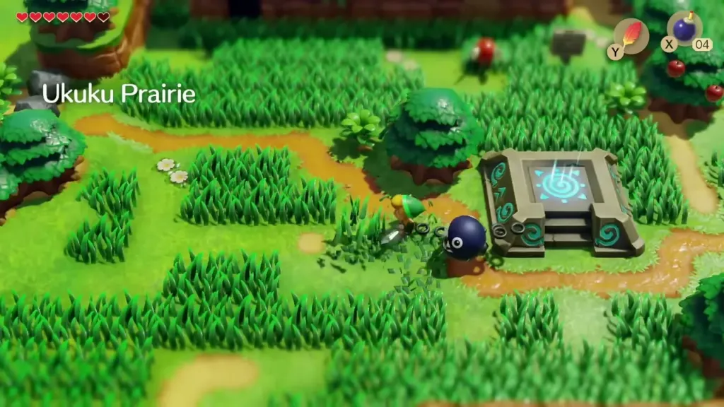 Link beside the lit Ukuku Prairie warp pad under its area name Link beside the lit Ukuku Prairie warp pad under its area name