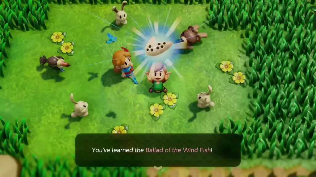 Link raising the Ocarina in the meadow with the Ballad learned message Link raising the Ocarina in the meadow with the Ballad learned message
