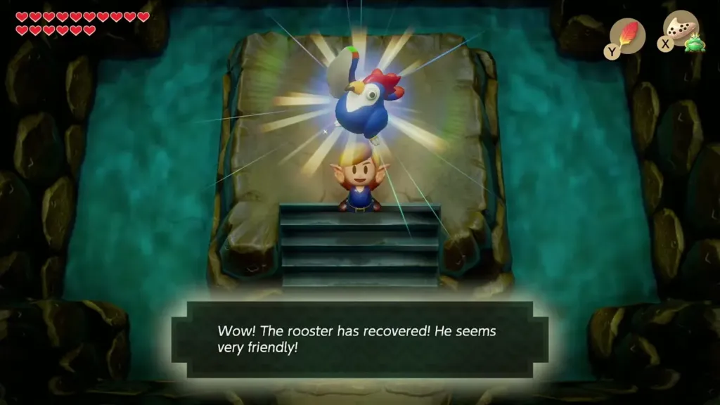 Link holding up the revived Flying Rooster with its message box Link holding up the revived Flying Rooster with its message box