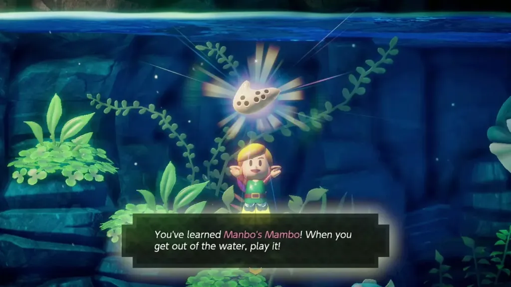 Link holding up the Ocarina with the Manbo's Mambo learned message Link holding up the Ocarina with the Manbo's Mambo learned message