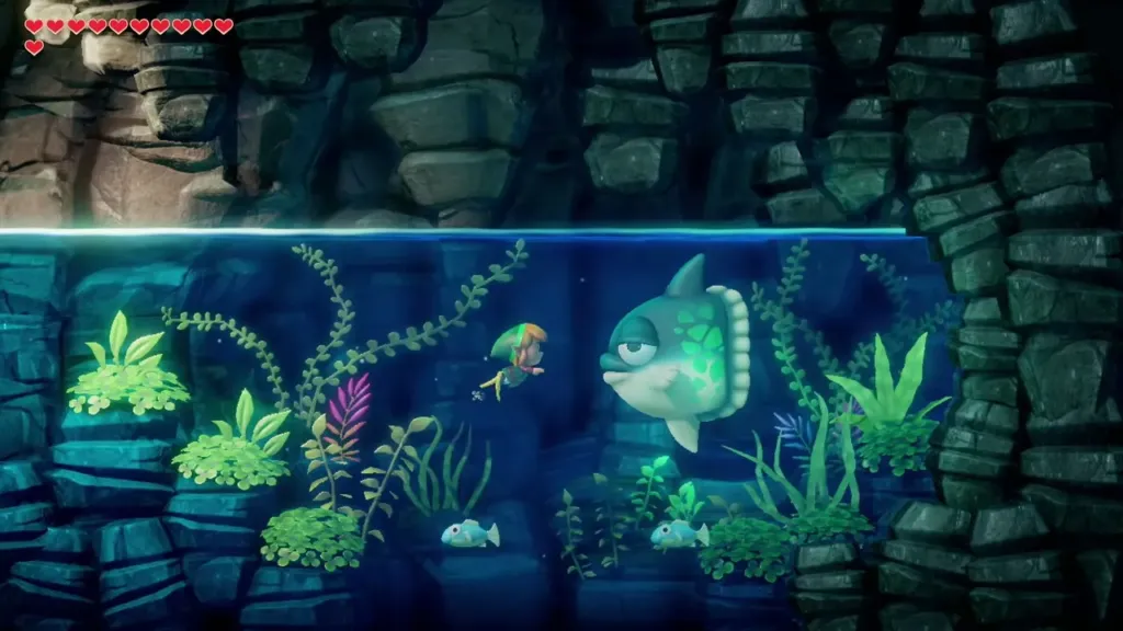 Link swimming into Manbo's Pond among the plants Link swimming into Manbo's Pond among the plants