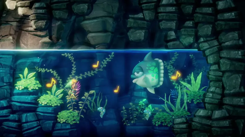 Link playing along with Manbo as golden notes rise Link playing along with Manbo as golden notes rise