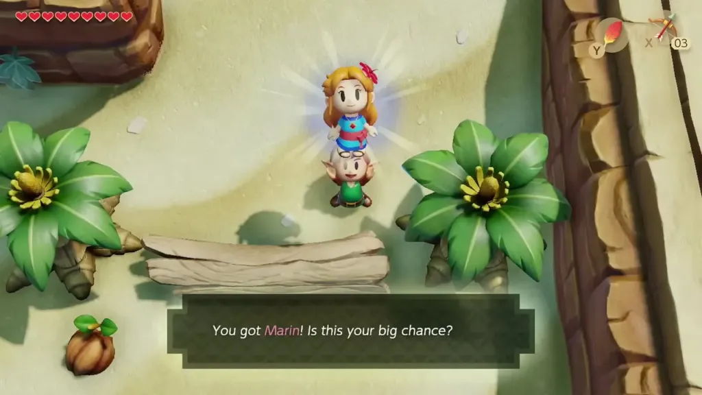 Marin carried on Link's head at Toronbo Shores with the message box Marin carried on Link's head at Toronbo Shores with the message box