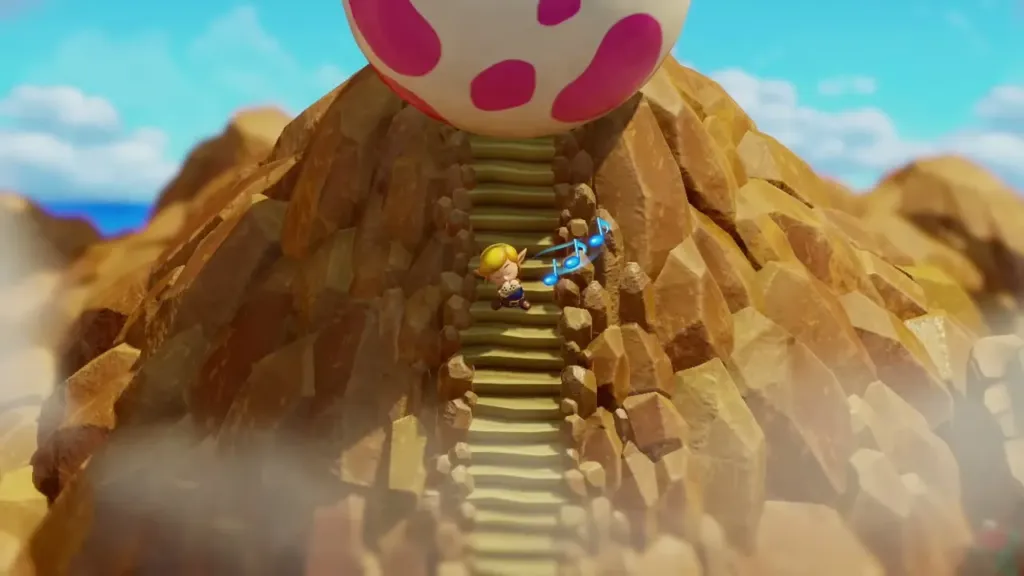 Link playing the Ocarina on the stairs below the Wind Fish's Egg Link playing the Ocarina on the stairs below the Wind Fish's Egg