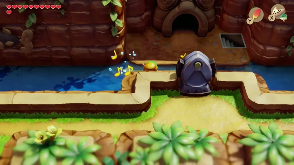 Link playing the Ocarina beside a stream with music notes Link playing the Ocarina beside a stream with music notes