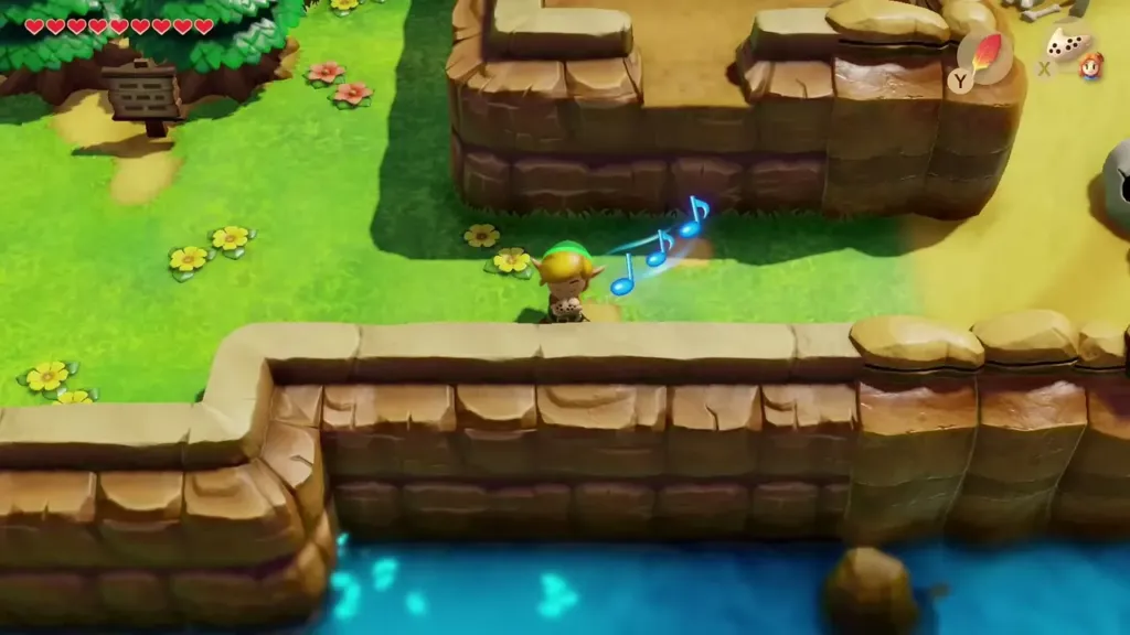 Link playing the Ocarina in a field with music notes rising Link playing the Ocarina in a field with music notes rising