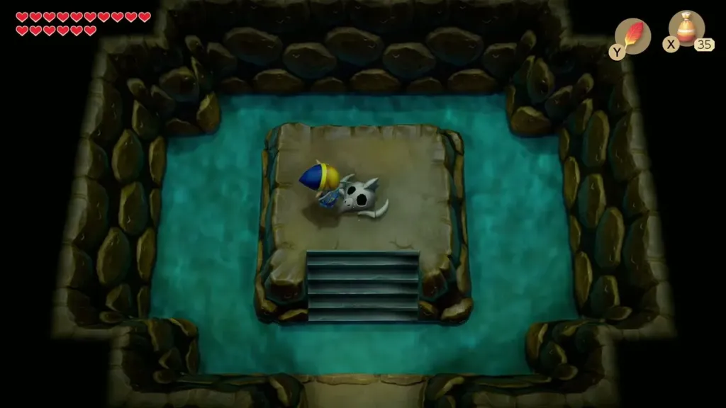 Link standing over the bird bones on a pedestal in a pool Link standing over the bird bones on a pedestal in a pool