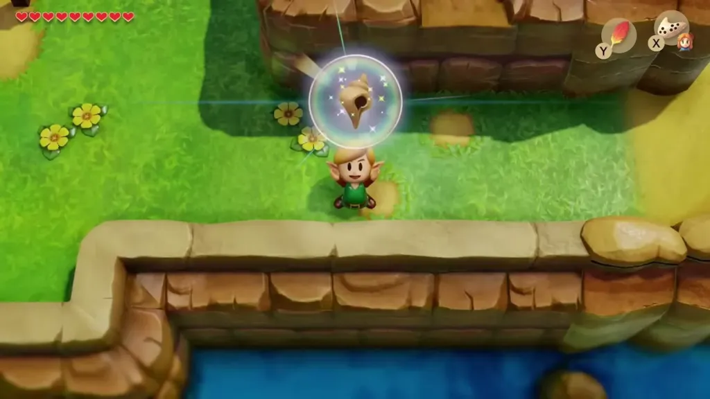 A Secret Seashell rising above Link on the grass above the cliff A Secret Seashell rising above Link on the grass above the cliff