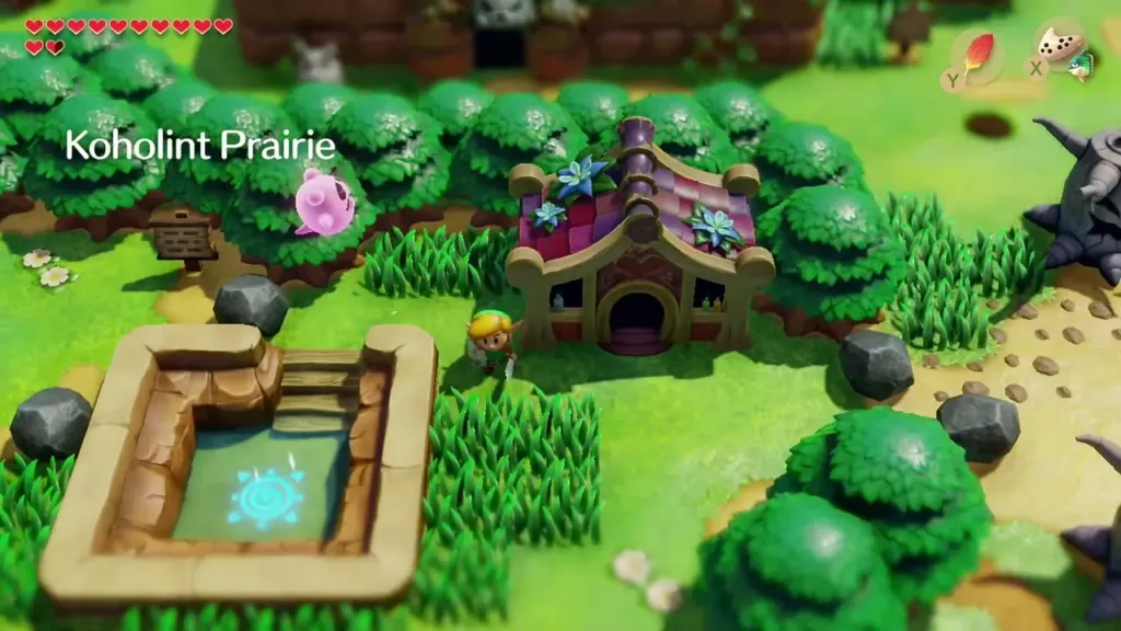 Link standing at the warp pad after arriving on Koholint Prairie Link standing at the warp pad after arriving on Koholint Prairie