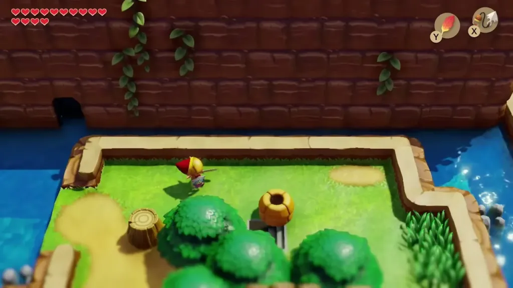 Link on a grassy bank above the river with a pot and trees Link on a grassy bank above the river with a pot and trees