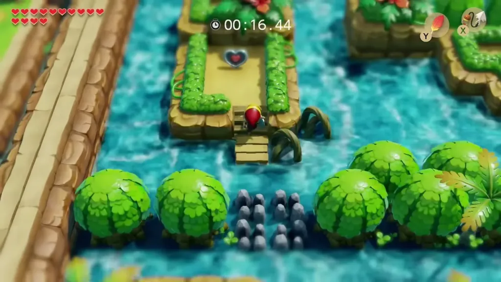 Link at the steps of the western island with the Piece of Heart ahead Link at the steps of the western island with the Piece of Heart ahead