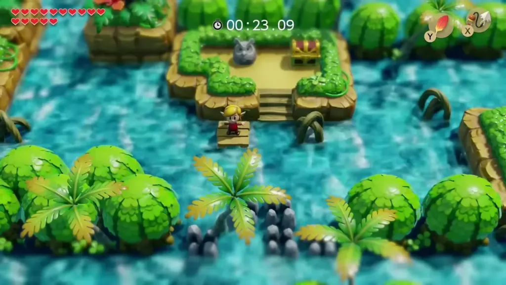 The raft nearing an island with an owl statue and a treasure chest The raft nearing an island with an owl statue and a treasure chest