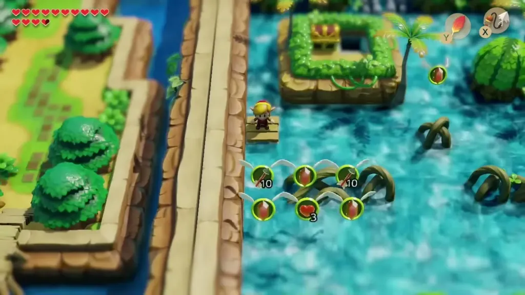 The raft passing an island with a treasure chest beside rupees The raft passing an island with a treasure chest beside rupees