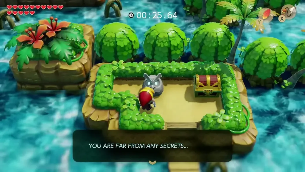 Link on the island beside the owl statue and the closed chest Link on the island beside the owl statue and the closed chest