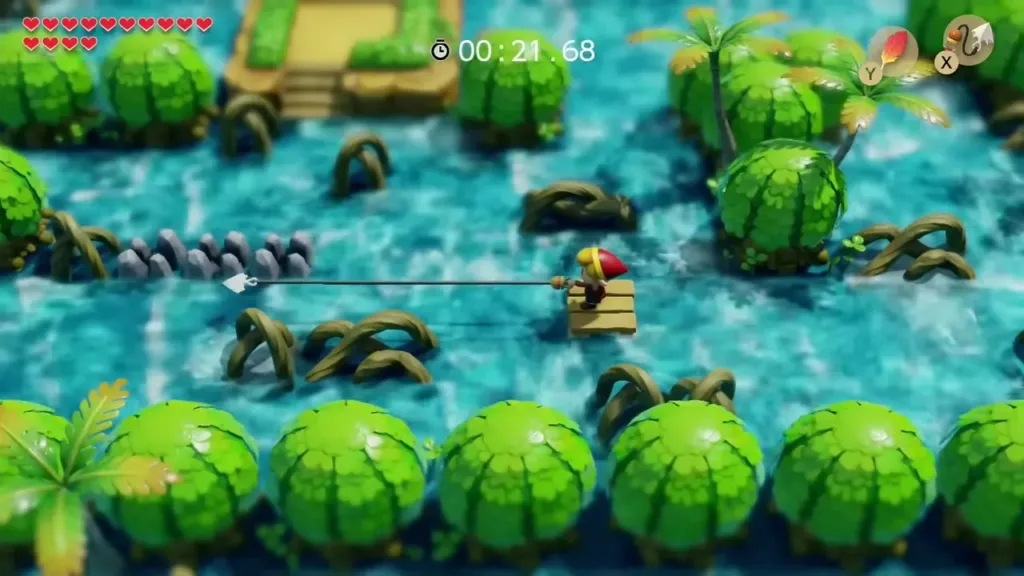 Link firing the Hookshot at a vine to pull the raft along at 21.68 seconds Link firing the Hookshot at a vine to pull the raft along at 21.68 seconds