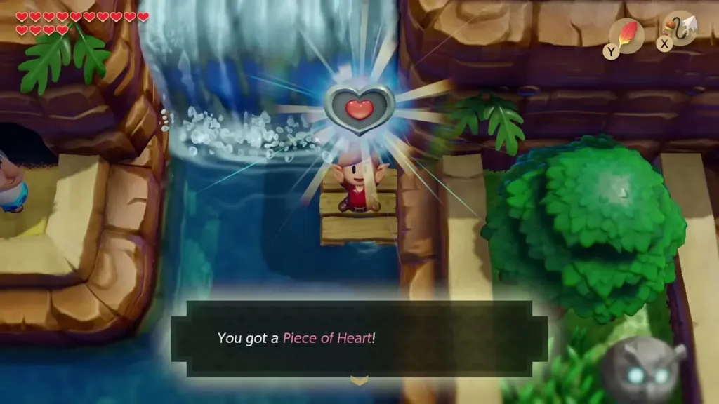 Link holding up a Piece of Heart on the raft with its item box shown Link holding up a Piece of Heart on the raft with its item box shown