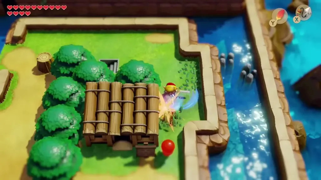 Link slashing grass beside the wooden raft outside the Raft Shop Link slashing grass beside the wooden raft outside the Raft Shop
