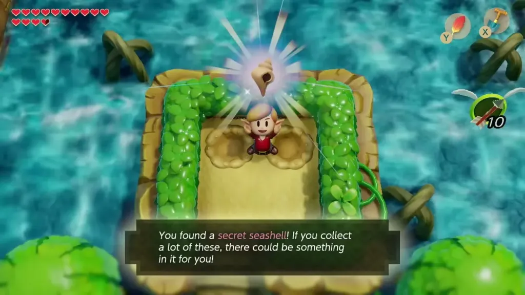 Link holding up a Secret Seashell on the river island with its item box shown Link holding up a Secret Seashell on the river island with its item box shown