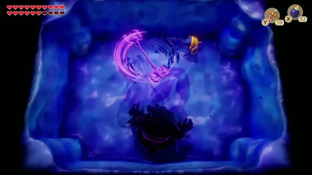 Link dodging a shadow boss swinging a glowing axe with his hearts running low Link dodging a shadow boss swinging a glowing axe with his hearts running low