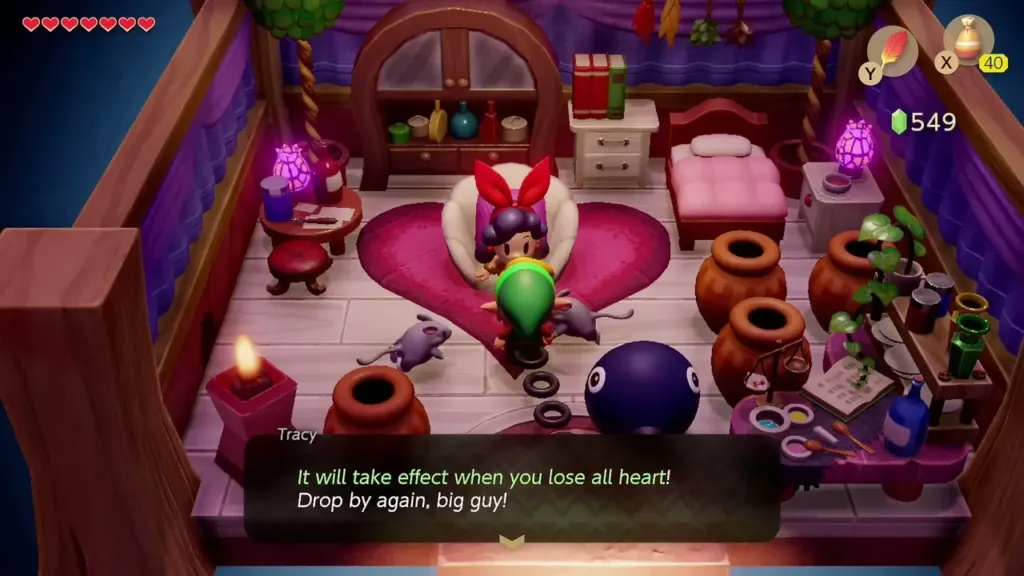 Crazy Tracy explaining the medicine takes effect when Link loses all his hearts Crazy Tracy explaining the medicine takes effect when Link loses all his hearts