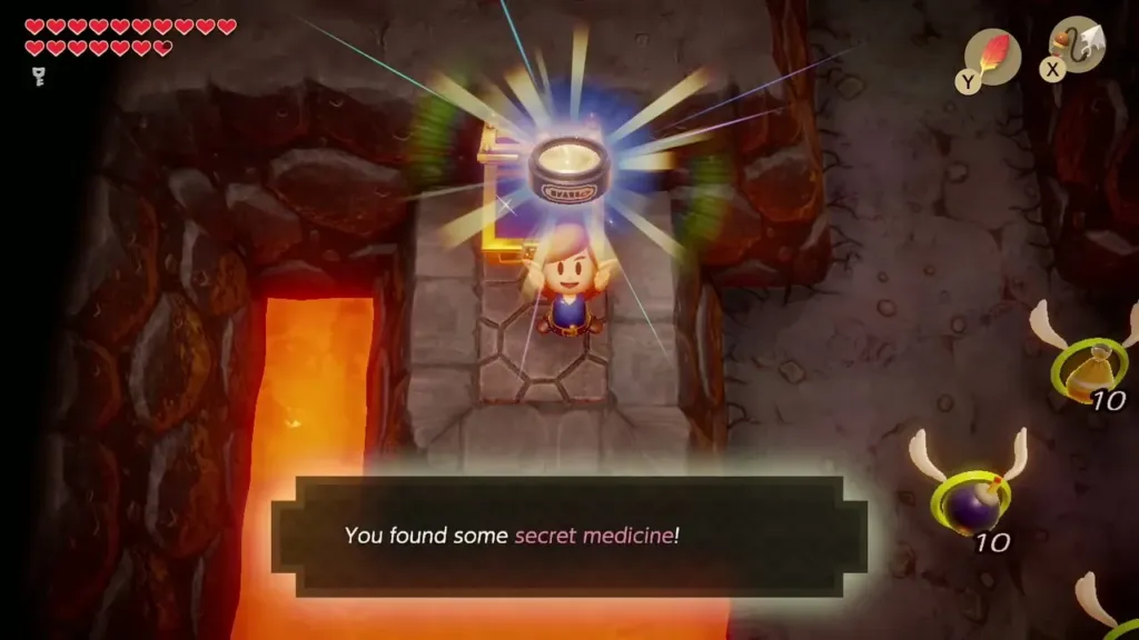 Link holding up the Secret Medicine from the Turtle Rock lava platform chest Link holding up the Secret Medicine from the Turtle Rock lava platform chest