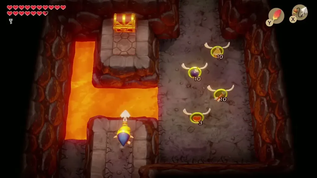 Link walking toward a chest on a platform beside lava in Turtle Rock Link walking toward a chest on a platform beside lava in Turtle Rock
