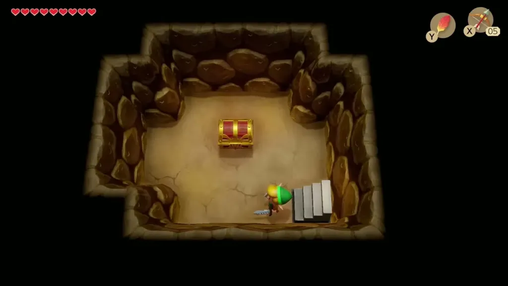 Link stepping down into the tiny cave with the chest in the Ancient Ruins Link stepping down into the tiny cave with the chest in the Ancient Ruins