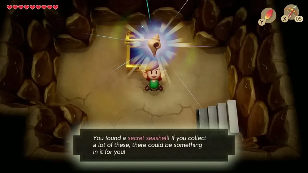 Link holding up the Secret Seashell with the item message fully shown Link holding up the Secret Seashell with the item message fully shown