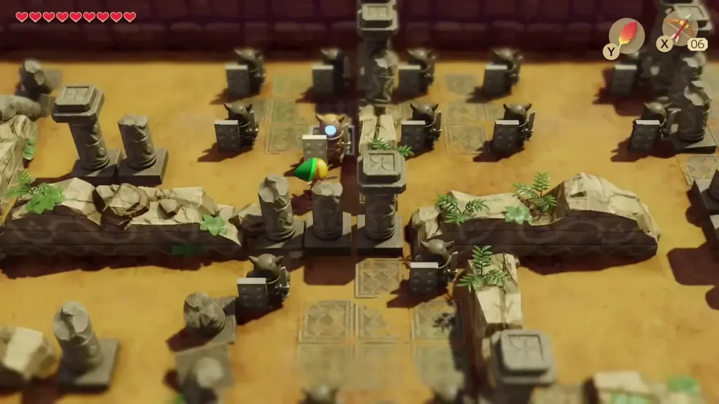 Link standing among the Armos statues and broken pillars in the Ancient Ruins Link standing among the Armos statues and broken pillars in the Ancient Ruins