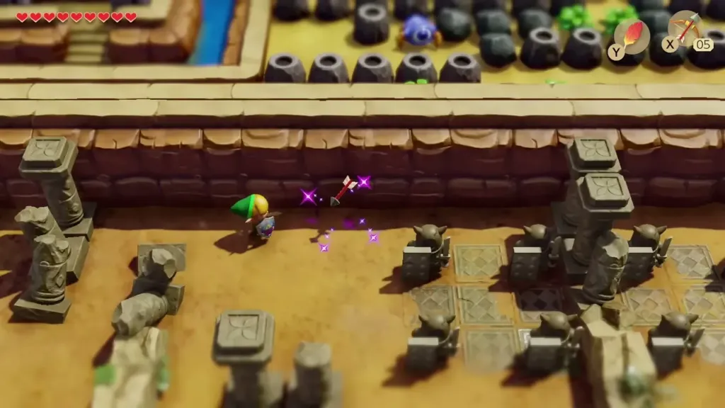 An Armos statue waking in a purple burst in the Ancient Ruins An Armos statue waking in a purple burst in the Ancient Ruins