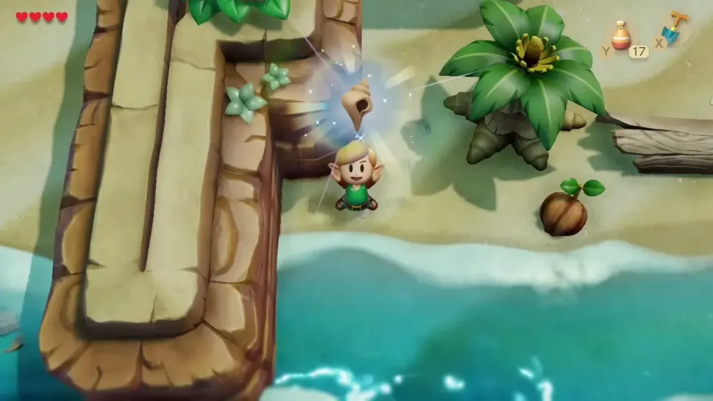 Link holding up a Secret Seashell dug from the wall corner on the beach Link holding up a Secret Seashell dug from the wall corner on the beach